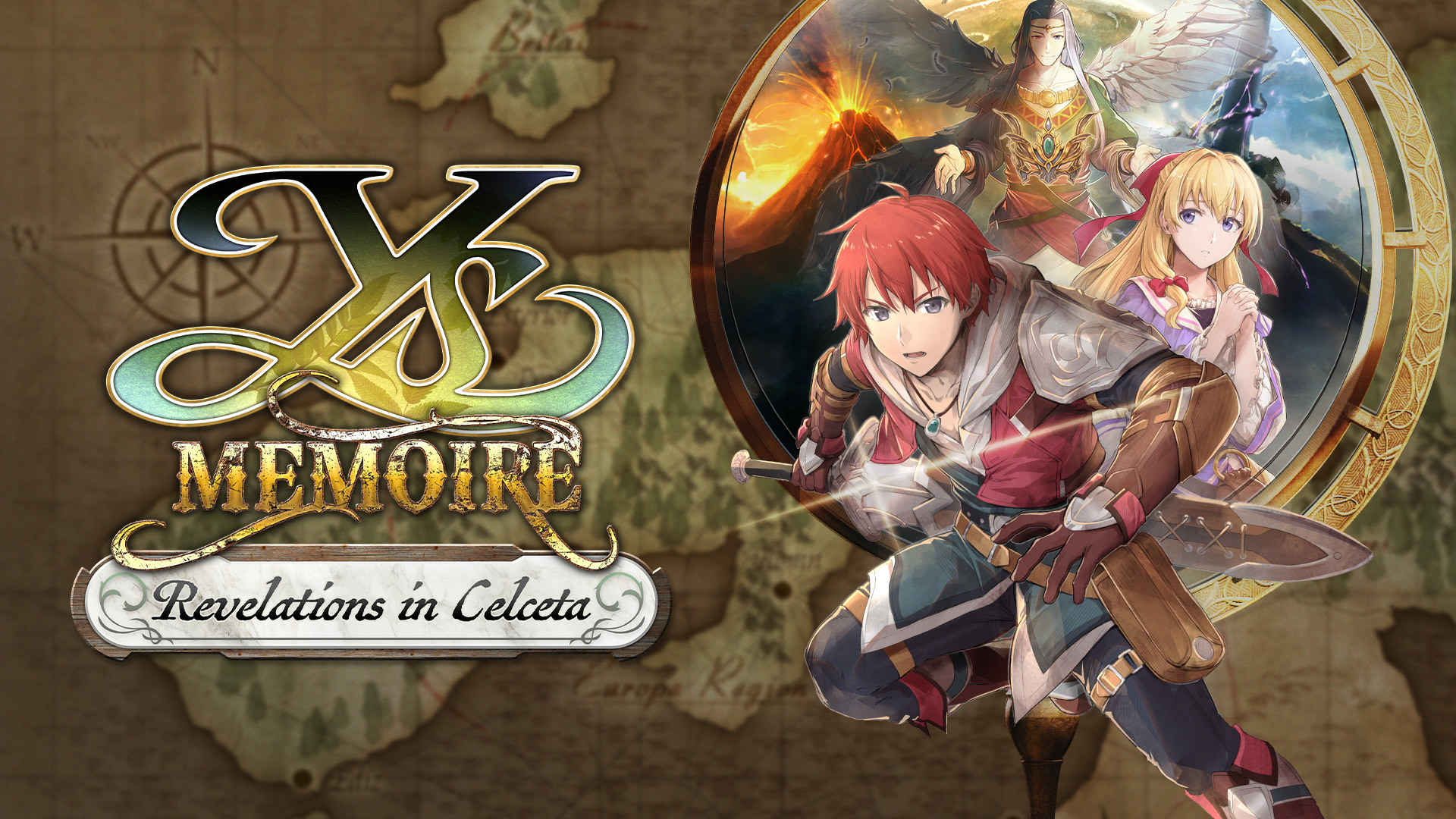 Red-haired Adol Christin leaps into action with his glinting sword, in front of paper map of Celceta. The logo Ys Memoire: Revelations in Celceta is shown.
